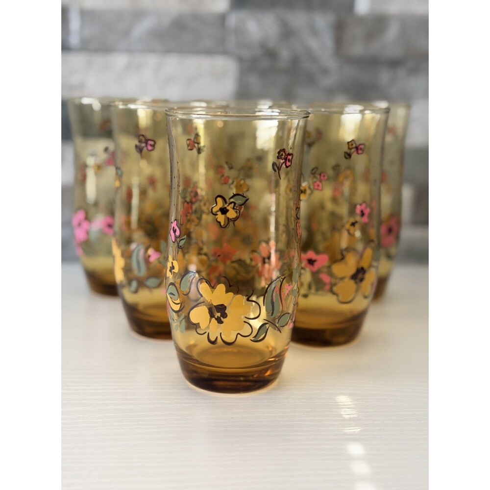 6 Vintage Retro 70’s Amber Drinking Glasses Orange Daisies Wildflowers Tumblers